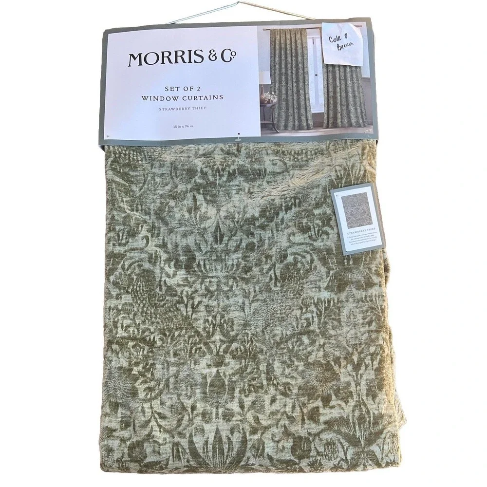 William Morris Window Curtains Panels 38X96 Strawberry Thief Green Embossed New